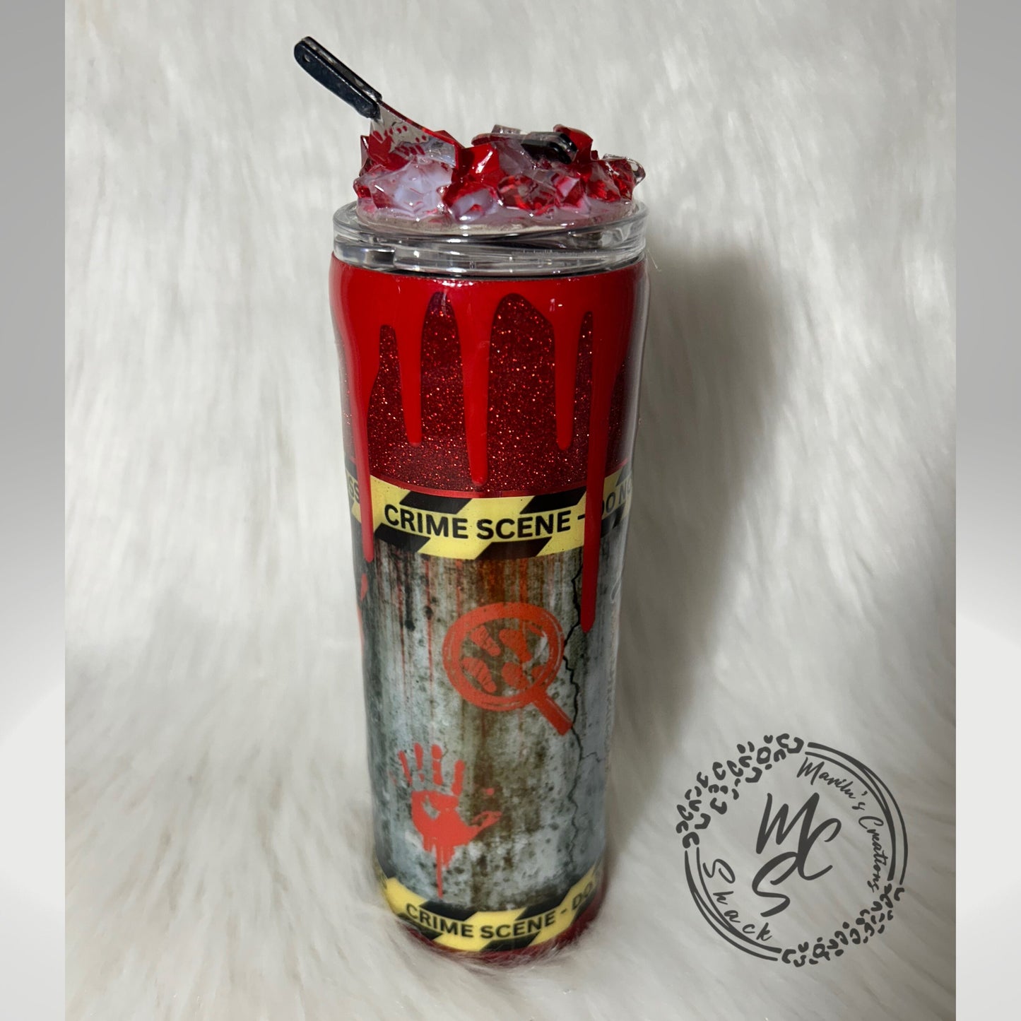 True crime junkie tumbler (20oz with straw) murder mystery design with red glitter and bloody dripping with 3d knives removable topper.