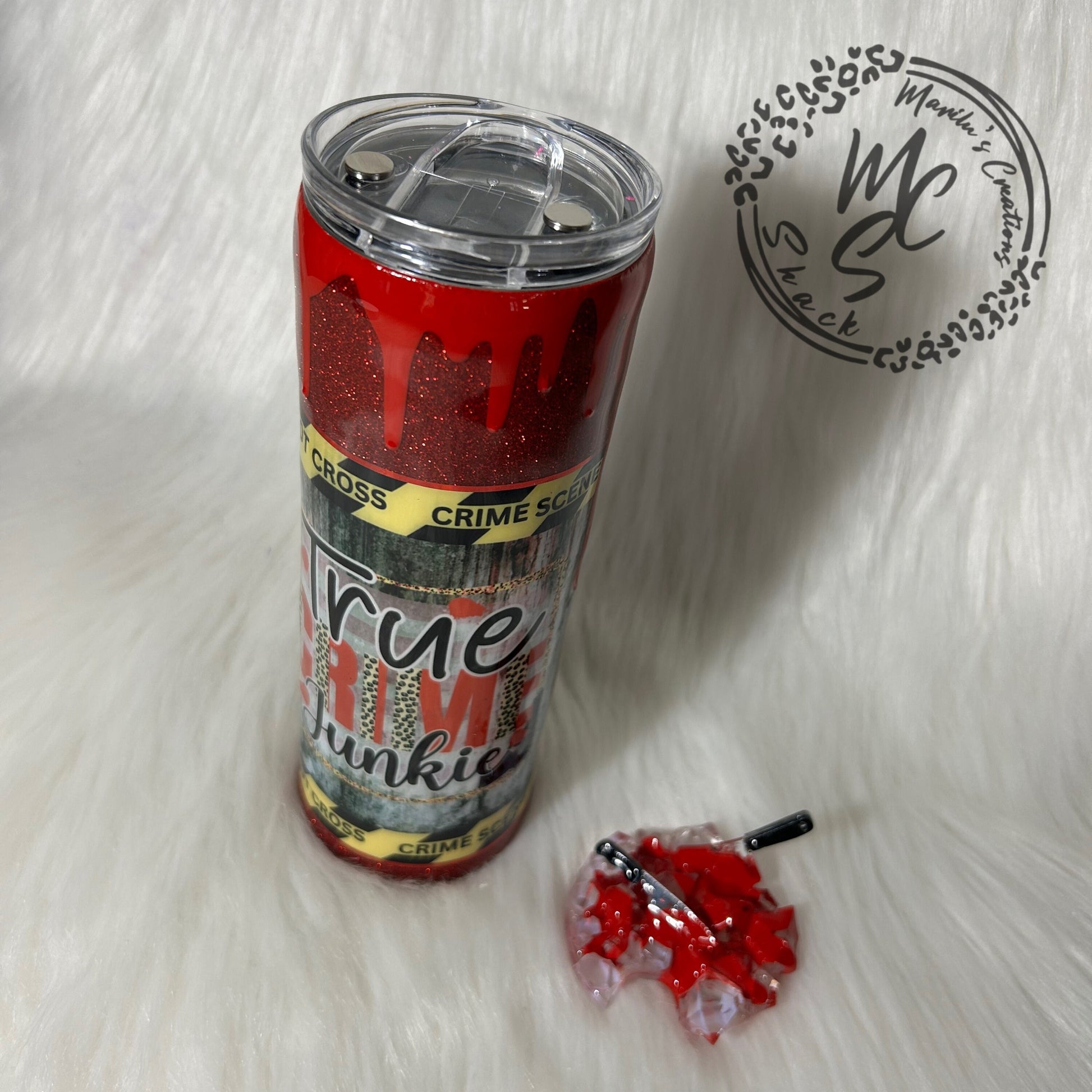 True crime junkie tumbler (20oz with straw) murder mystery design with red glitter and bloody dripping with 3d knives removable topper.