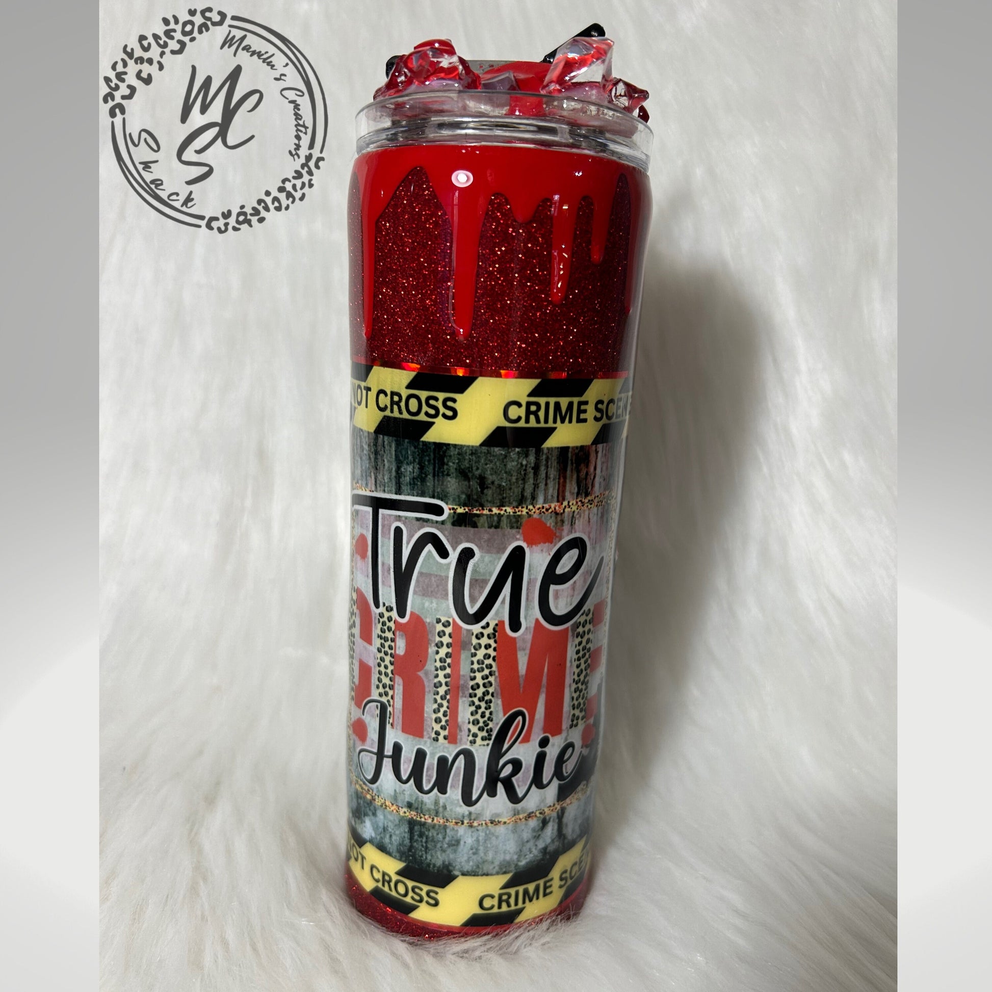 True crime junkie tumbler (20oz with straw) murder mystery design with red glitter and bloody dripping with 3d knives removable topper.