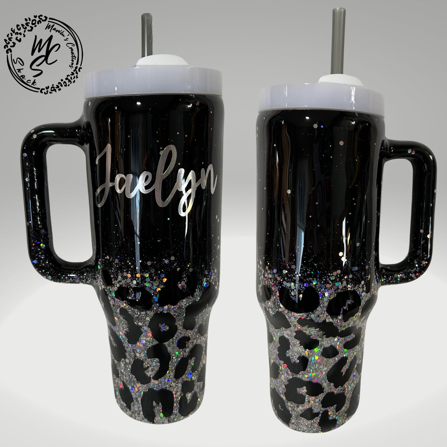 Leopard Print Tumbler: Black & Silver Glitter, Personalized Cup