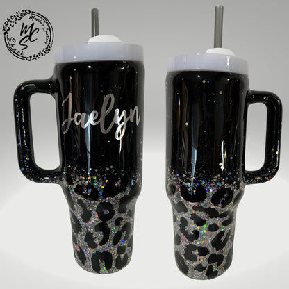 Leopard Print Tumbler: Black & Silver Glitter, Personalized Cup