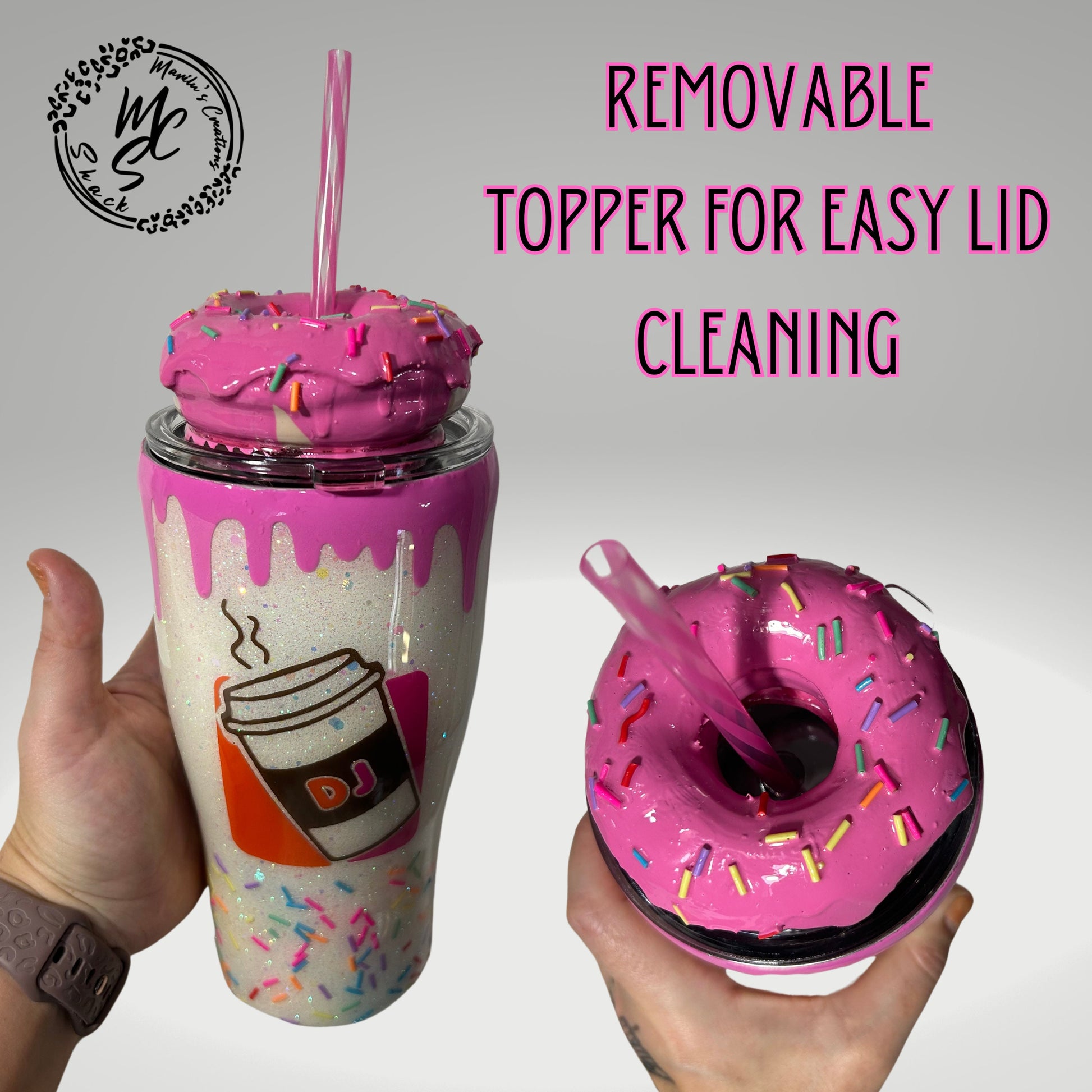 Dunkie Junkie Tumbler, 3d donut tumbler with pink dripping removable topper and sprinkles. 3d pink dripping glitter tumbler.