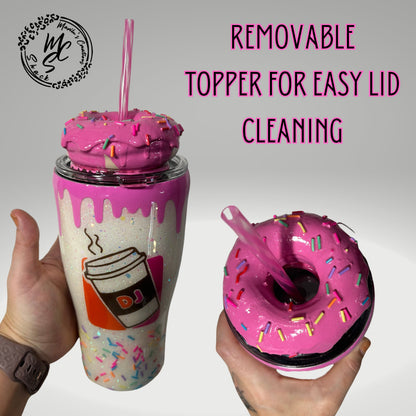 Dunkie Junkie Tumbler, 3d donut tumbler with pink dripping removable topper and sprinkles. 3d pink dripping glitter tumbler.