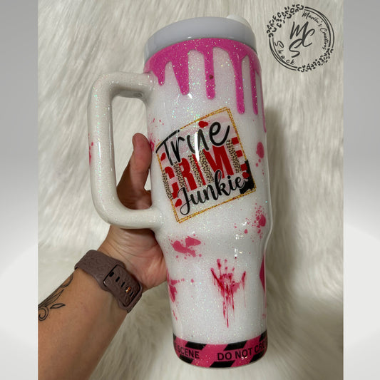 Personalized True Crime Tumbler: Pink Glitter Drip, Handmade Stainless Steel