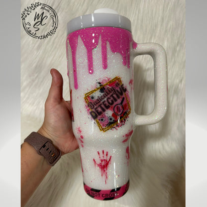 Personalized True Crime Tumbler: Pink Glitter Drip, Handmade Stainless Steel