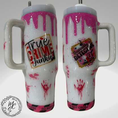 Personalized True Crime Tumbler: Pink Glitter Drip, Handmade Stainless Steel