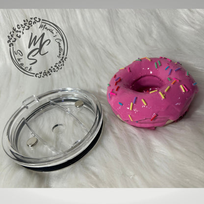 Donut, Pink Doughnut removable topper and lid for 30 and 20oz tumblers. Faux topper replacement lid. Tumbler top