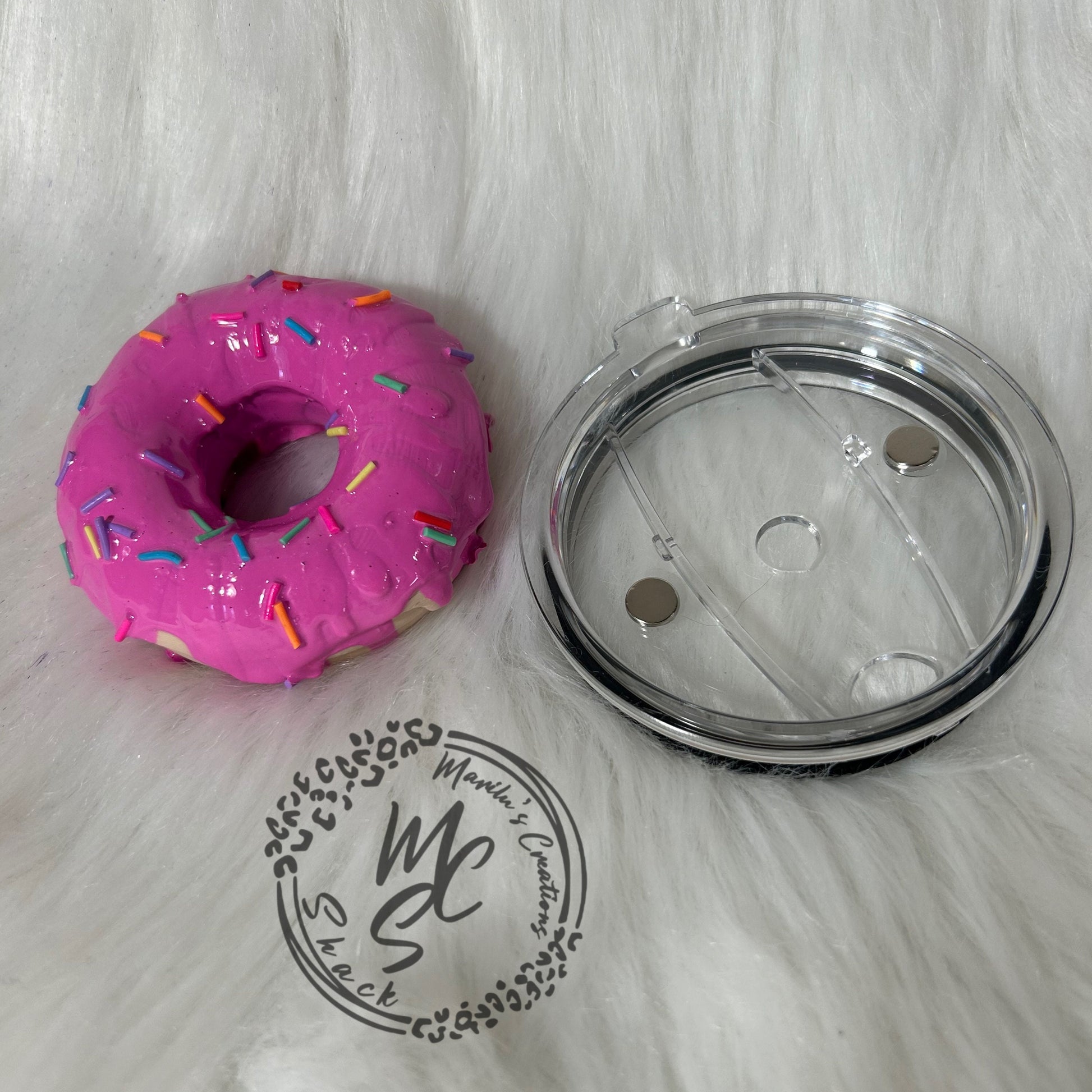 Donut, Pink Doughnut removable topper and lid for 30 and 20oz tumblers. Faux topper replacement lid. Tumbler top