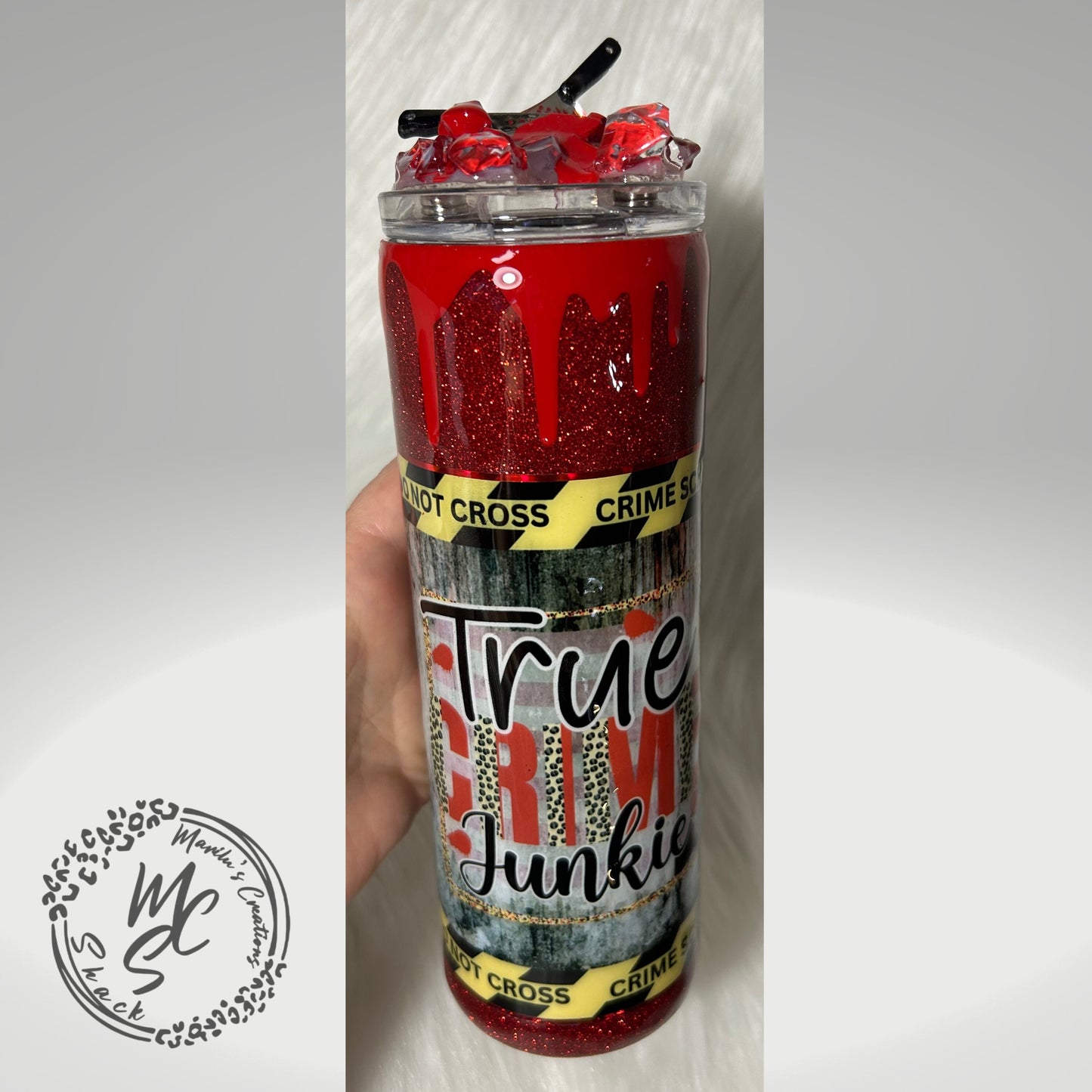 True crime junkie tumbler (20oz with straw) murder mystery design with red glitter and bloody dripping with 3d knives removable topper.