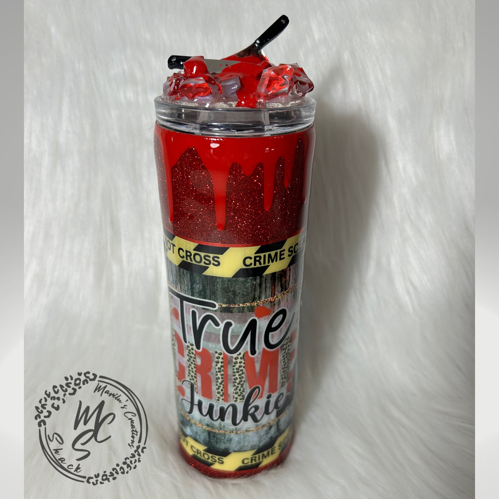 True crime junkie tumbler (20oz with straw) murder mystery design with red glitter and bloody dripping with 3d knives removable topper.