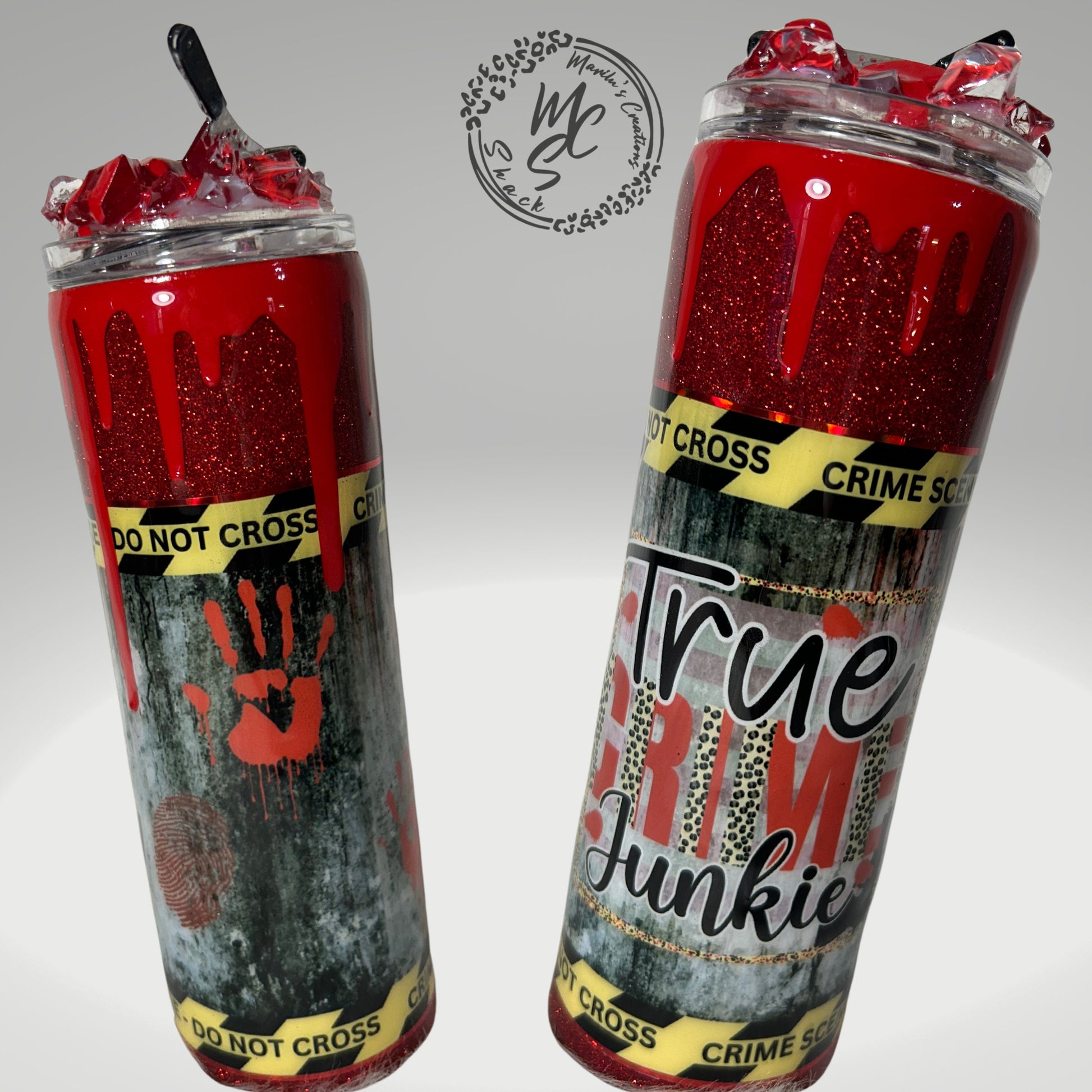 True crime junkie tumbler (20oz with straw) murder mystery design with red glitter and bloody dripping with 3d knives removable topper.