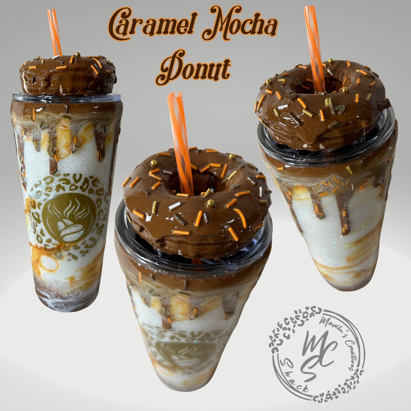Caramel mocha donut Tumbler, 3d donut tumbler with caramel color dripping removable topper and sprinkles. 3d dripping glitter tumbler.