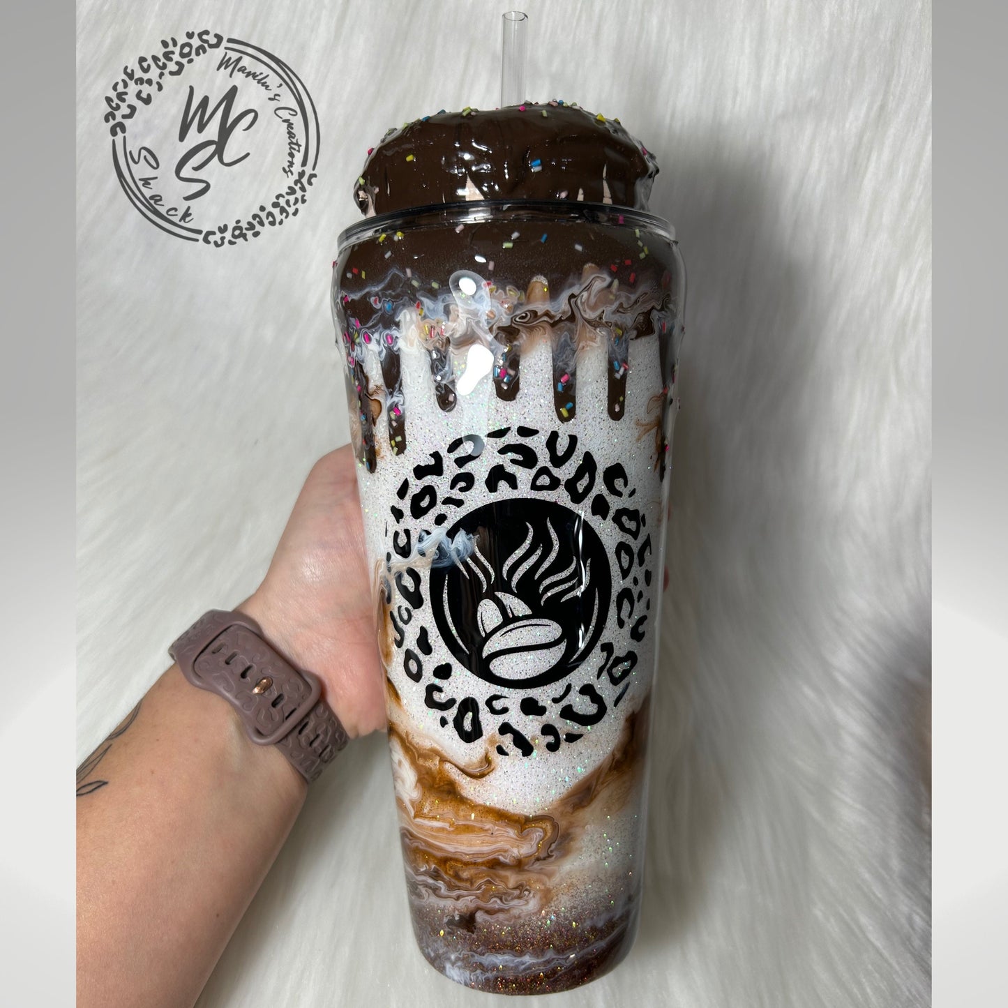 Chocolate mocha donut Tumbler, 3d donut tumbler with chocolate color dripping removable topper and sprinkles. 3d dripping glitter tumbler.