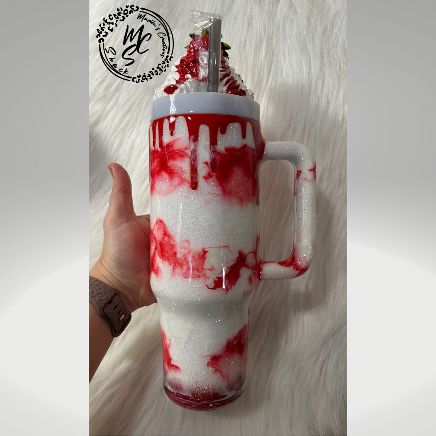 Strawberry Mocha with 3D removable topper tumbler and 3D red dripping, Glitter Cup, Whipped Cream topper, red and glitter.