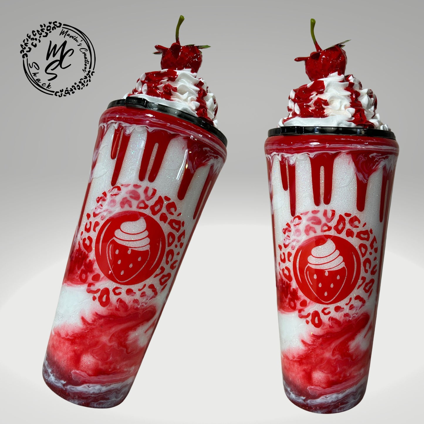 Strawberry Mocha with 3D removable topper tumbler and 3D red dripping, Glitter Cup, Whipped Cream topper, red and glitter.