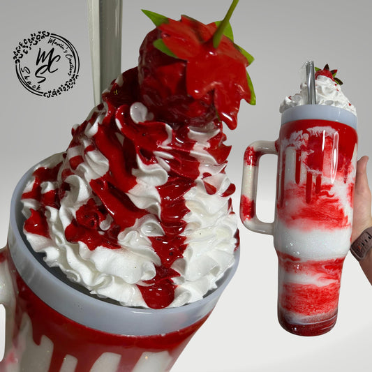 Strawberry Mocha with 3D removable topper tumbler and 3D red dripping, Glitter Cup, Whipped Cream topper, red and glitter.