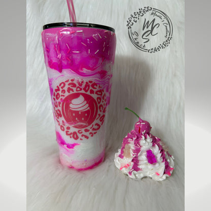 Berries and Cream mocha 3D Custom Tumbler, whipped cream with cherry top and gummy bears topper glitter tumbler with pink dripping sprinkles