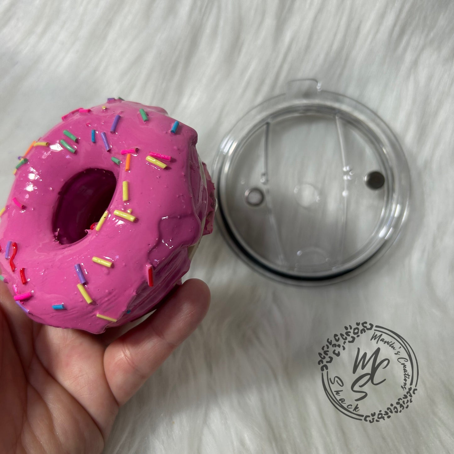 Donut, Pink Doughnut removable topper and lid for 30 and 20oz tumblers. Faux topper replacement lid. Tumbler top