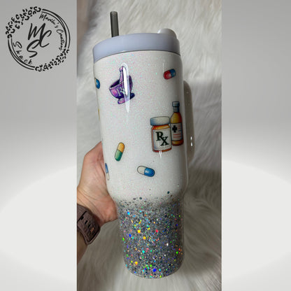 Pharmacy Tech tumbler on a white and silver glitter background , pharmacist cup, white and silver tumbler personalizeable.