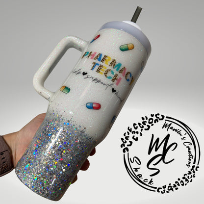 Pharmacy Tech tumbler on a white and silver glitter background , pharmacist cup, white and silver tumbler personalizeable.