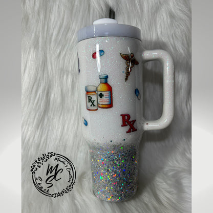 Pharmacy Tech tumbler on a white and silver glitter background , pharmacist cup, white and silver tumbler personalizeable.