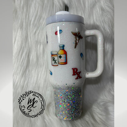 Personalized Pharmacy Tech Tumbler: White & Silver Glitter Cup