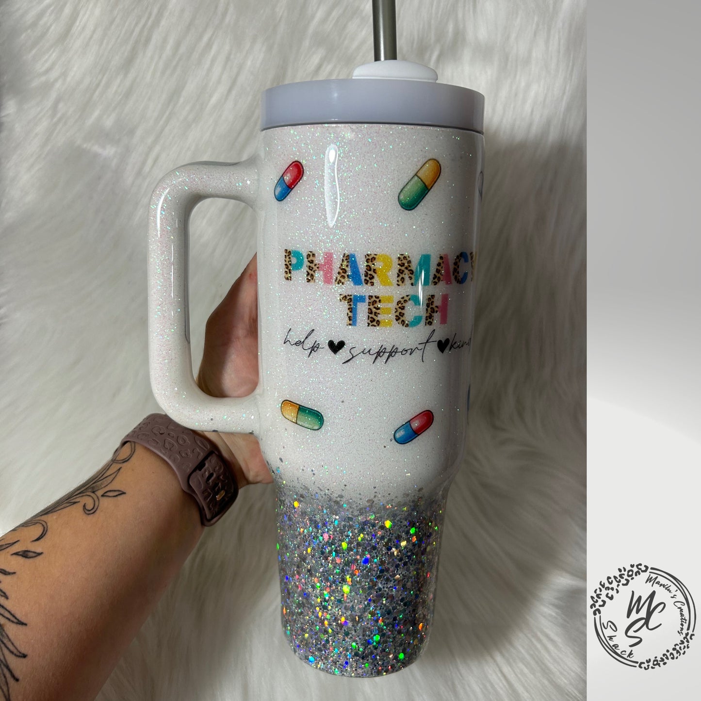 Pharmacy Tech tumbler on a white and silver glitter background , pharmacist cup, white and silver tumbler personalizeable.
