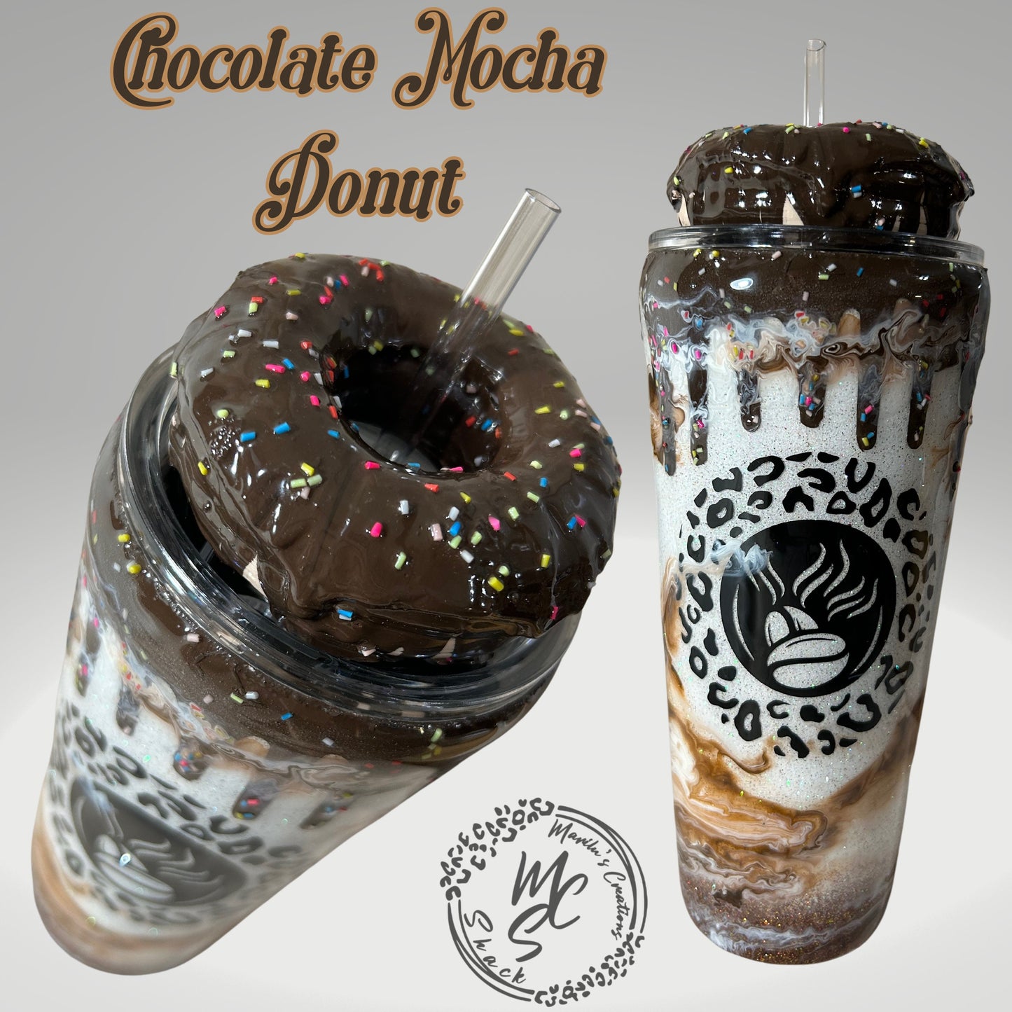 Chocolate mocha donut Tumbler, 3d donut tumbler with chocolate color dripping removable topper and sprinkles. 3d dripping glitter tumbler.