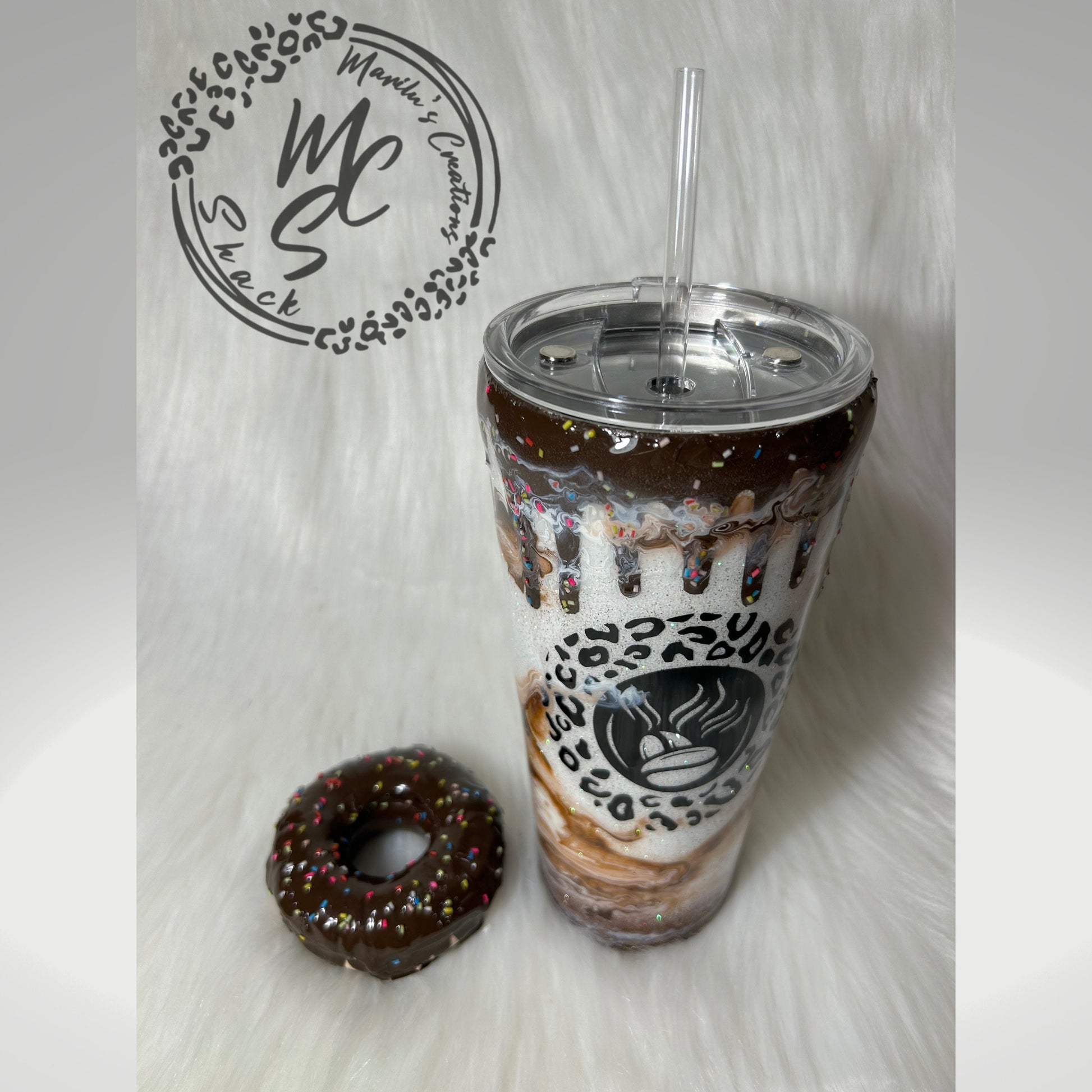 Chocolate mocha donut Tumbler, 3d donut tumbler with chocolate color dripping removable topper and sprinkles. 3d dripping glitter tumbler.