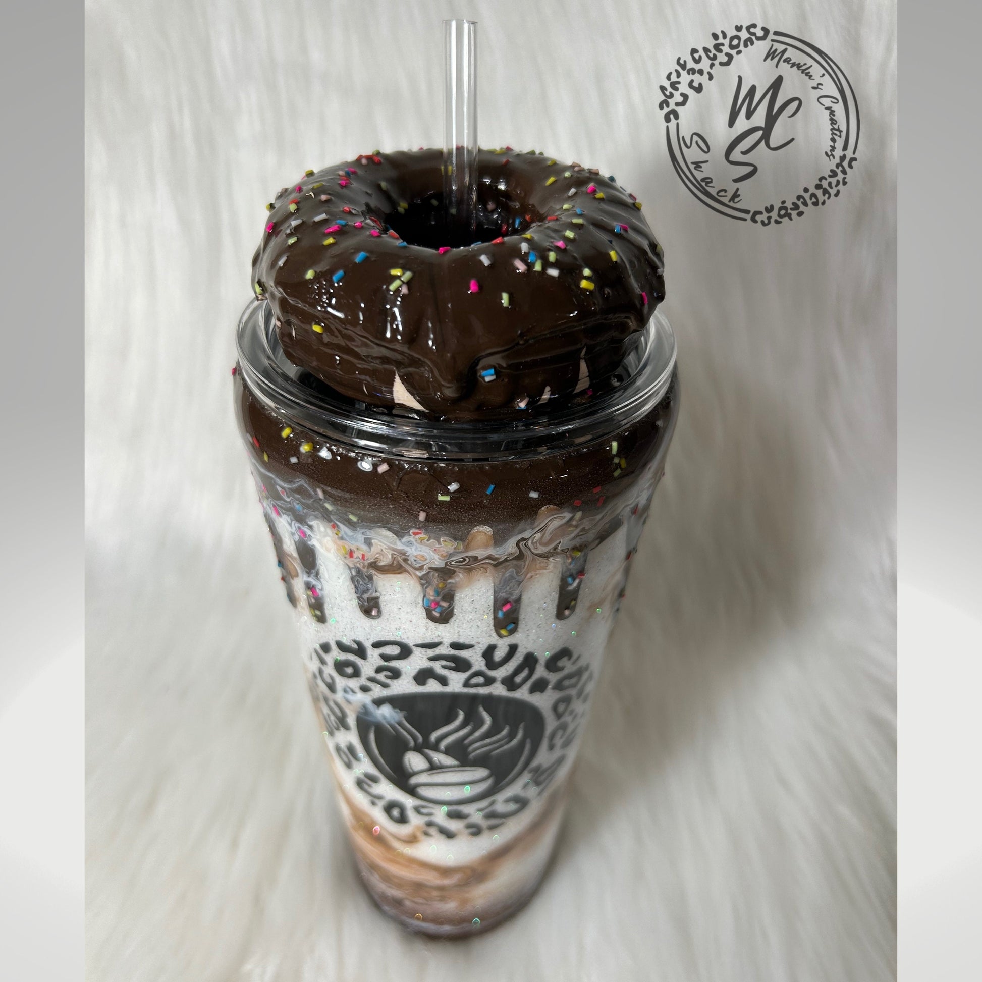 Chocolate mocha donut Tumbler, 3d donut tumbler with chocolate color dripping removable topper and sprinkles. 3d dripping glitter tumbler.