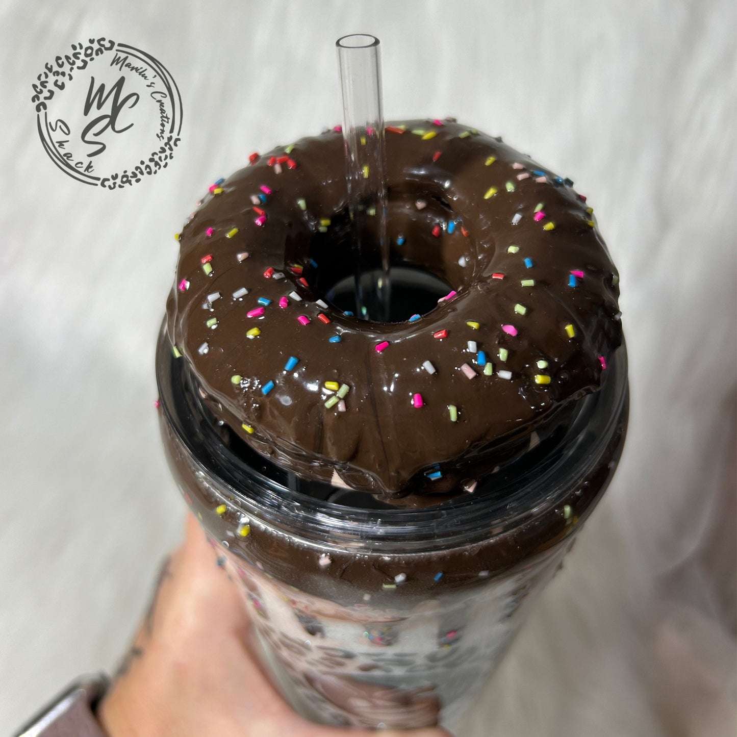 Chocolate mocha donut Tumbler, 3d donut tumbler with chocolate color dripping removable topper and sprinkles. 3d dripping glitter tumbler.