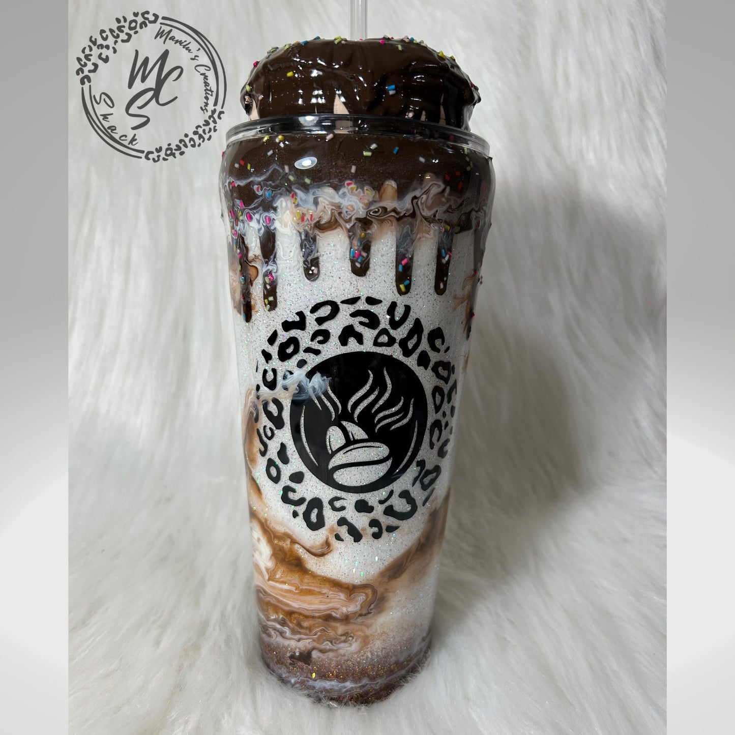 Chocolate mocha donut Tumbler, 3d donut tumbler with chocolate color dripping removable topper and sprinkles. 3d dripping glitter tumbler.