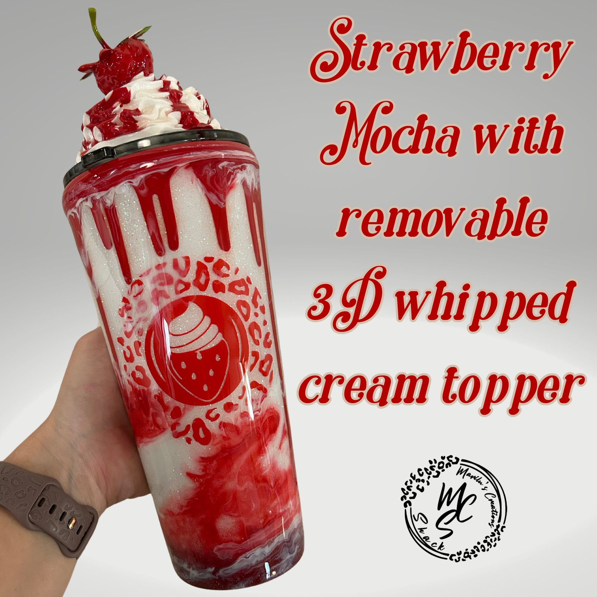 Strawberry Mocha Tumbler: 3D Topper, Glitter Drip Cup