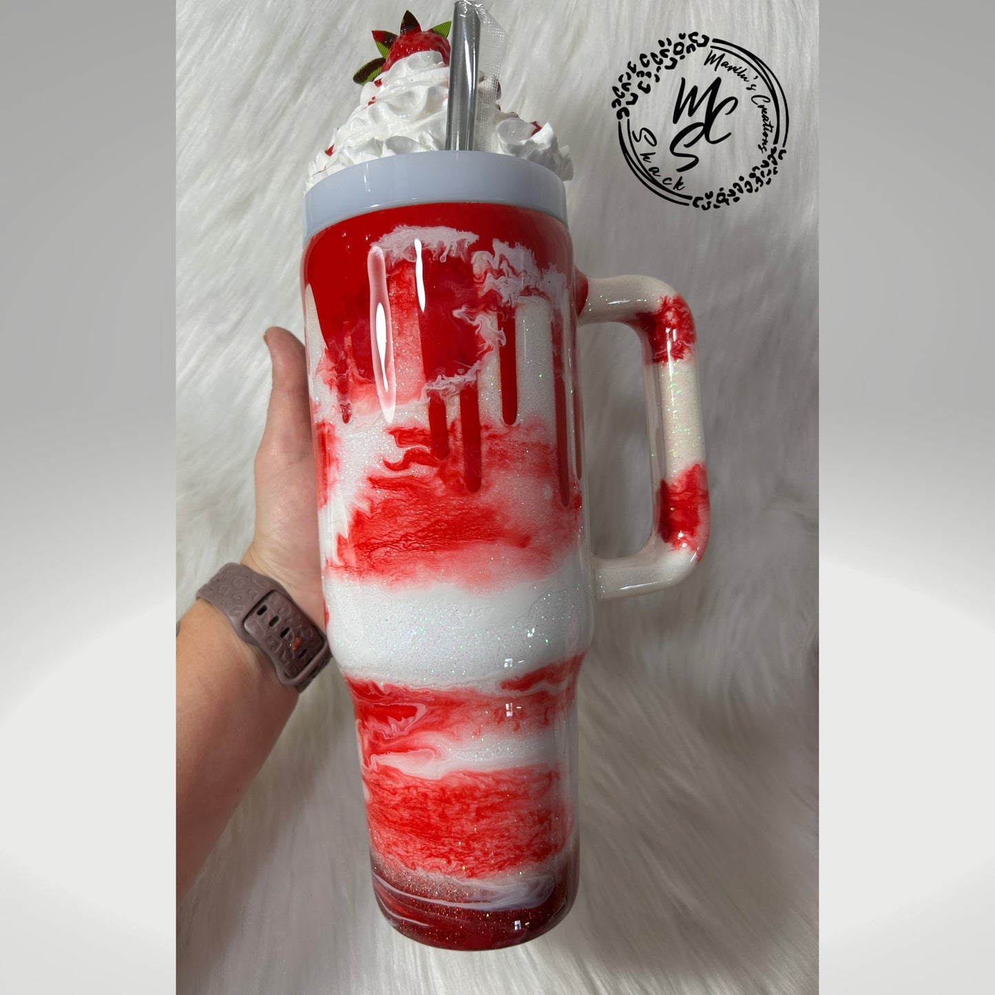 Strawberry Mocha with 3D removable topper tumbler and 3D red dripping, Glitter Cup, Whipped Cream topper, red and glitter.