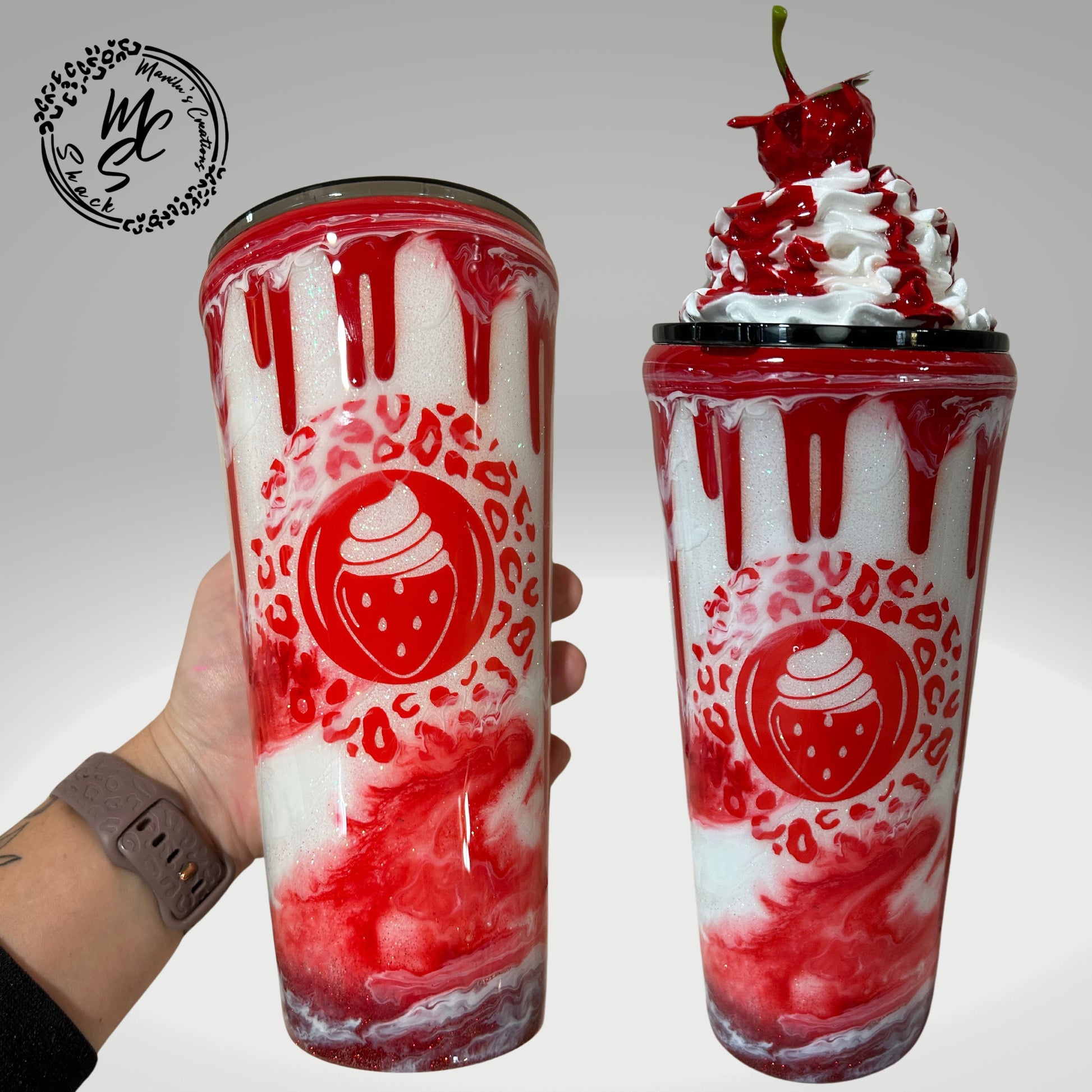 Strawberry Mocha with 3D removable topper tumbler and 3D red dripping, Glitter Cup, Whipped Cream topper, red and glitter.