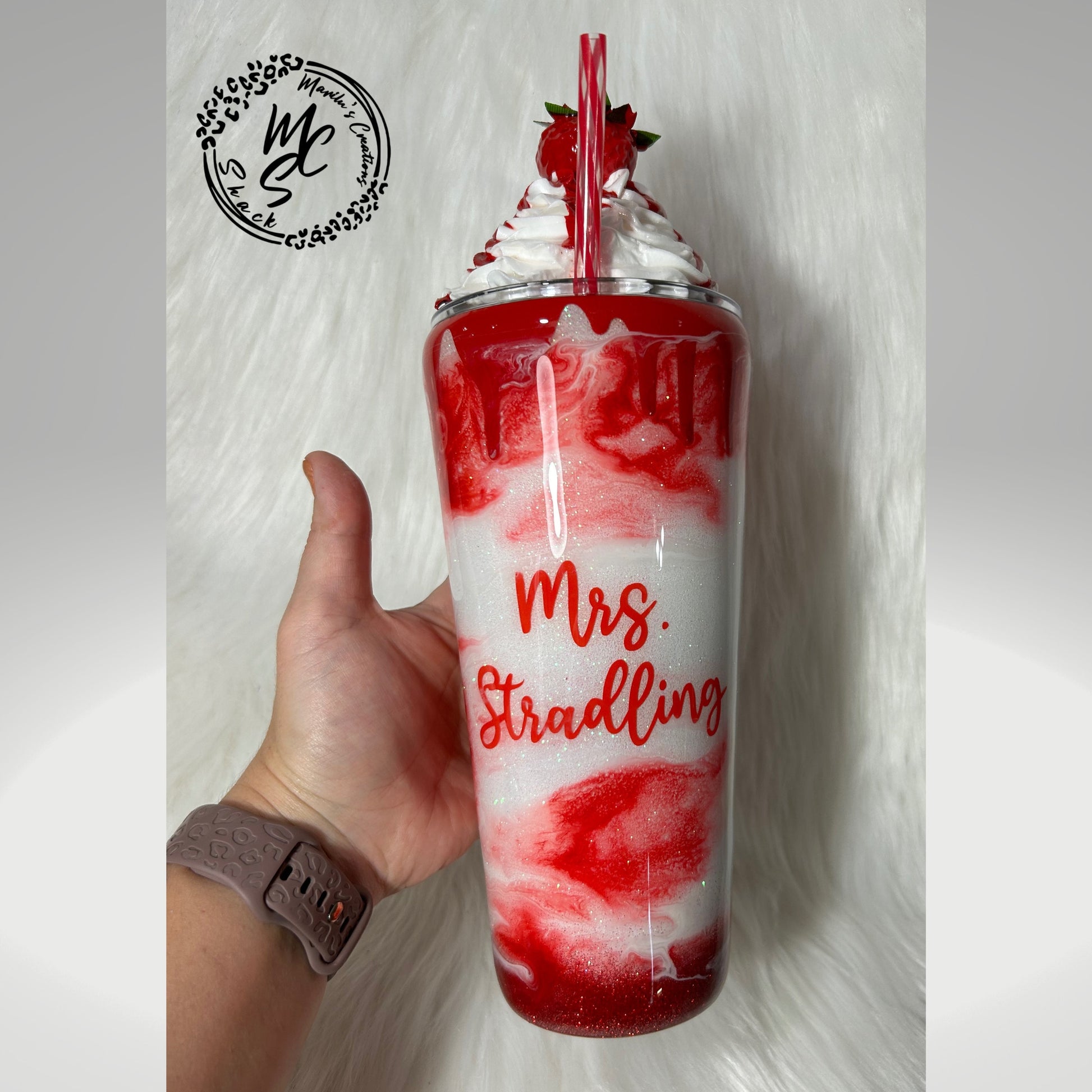 Strawberry Mocha with 3D removable topper tumbler and 3D red dripping, Glitter Cup, Whipped Cream topper, red and glitter.