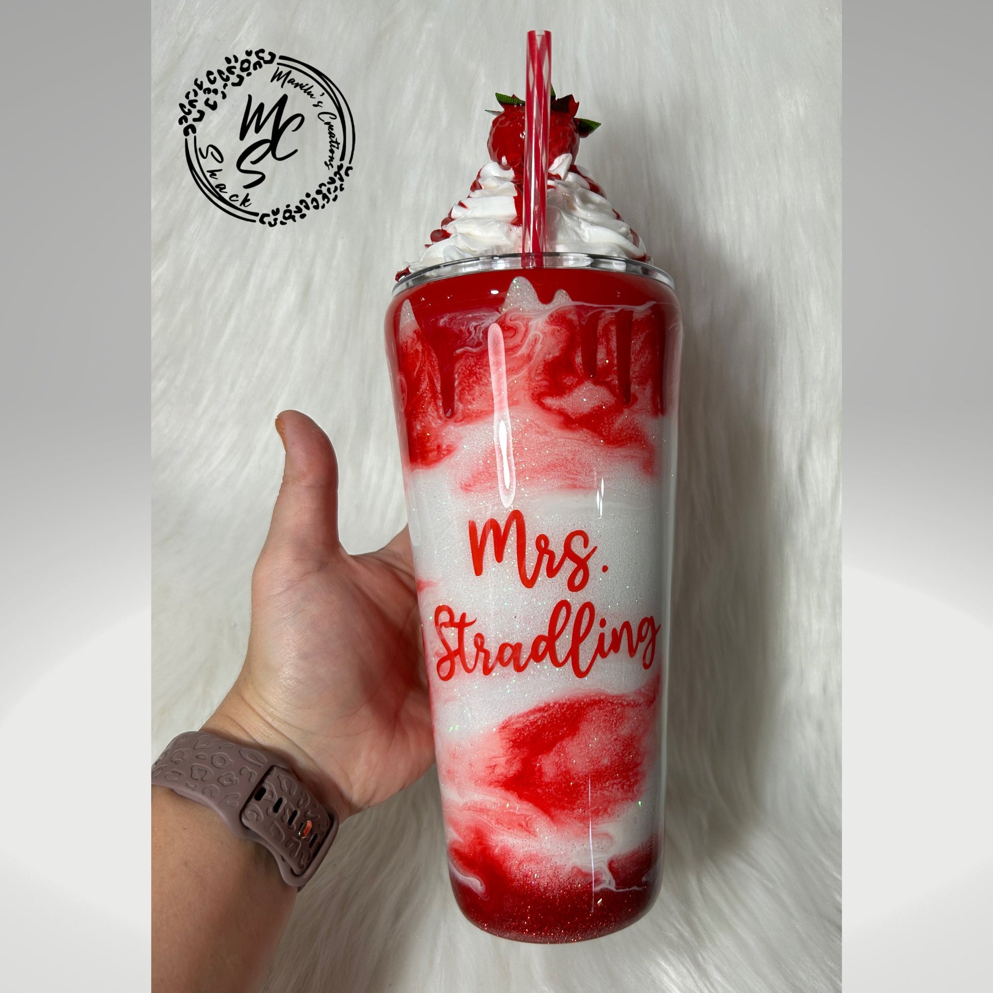 Strawberry Mocha Tumbler: 3D Topper, Glitter Drip Cup