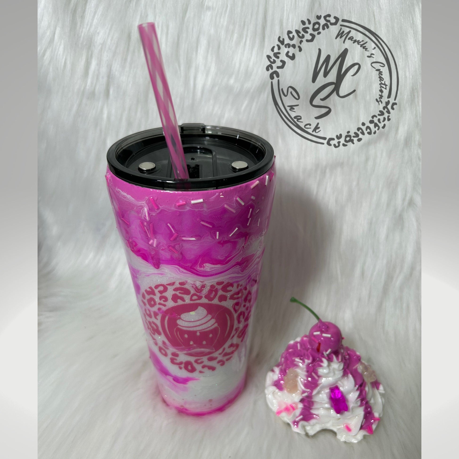 Berries and Cream mocha 3D Custom Tumbler, whipped cream with cherry top and gummy bears topper glitter tumbler with pink dripping sprinkles