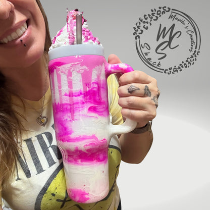 Berries and Cream mocha 3D Custom Tumbler, whipped cream with cherry top and gummy bears topper glitter tumbler with pink dripping sprinkles