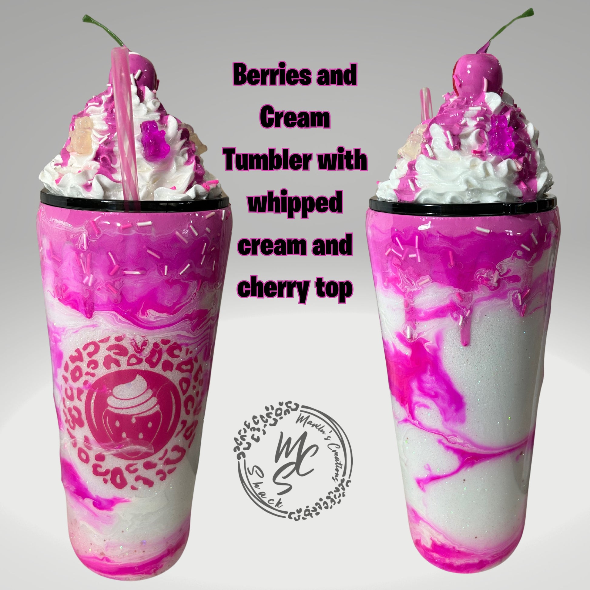 Berries and Cream mocha 3D Custom Tumbler, whipped cream with cherry top and gummy bears topper glitter tumbler with pink dripping sprinkles