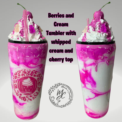 Berries and Cream mocha 3D Custom Tumbler, whipped cream with cherry top and gummy bears topper glitter tumbler with pink dripping sprinkles