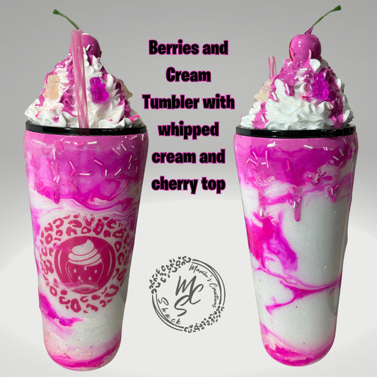 Berries and Cream mocha 3D Custom Tumbler, whipped cream with cherry top and gummy bears topper glitter tumbler with pink dripping sprinkles