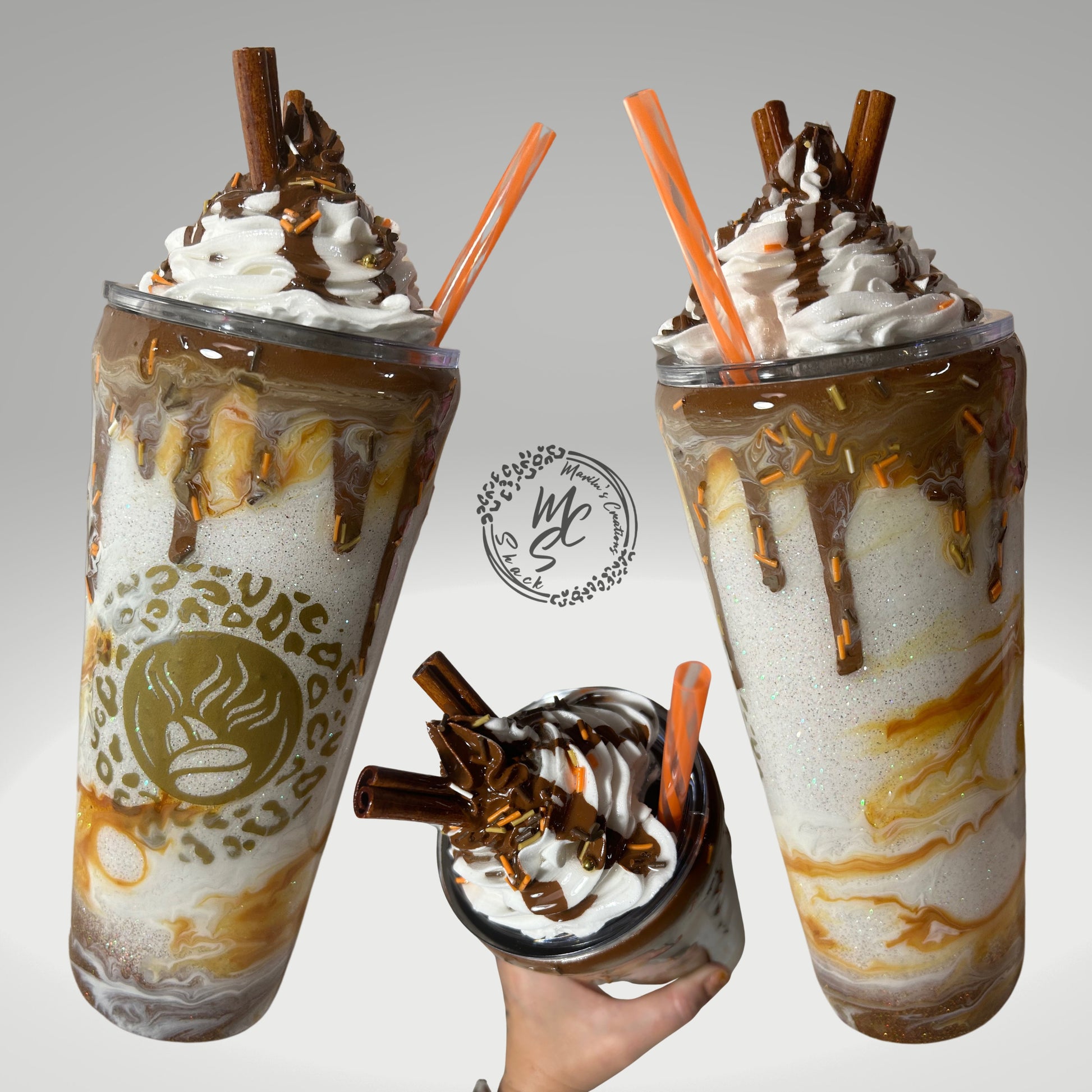 Caramel Mocha tumbler, customized personalized cup with realistic 3D whipped cream removable topper and caramel drizzle and 3d dripping.