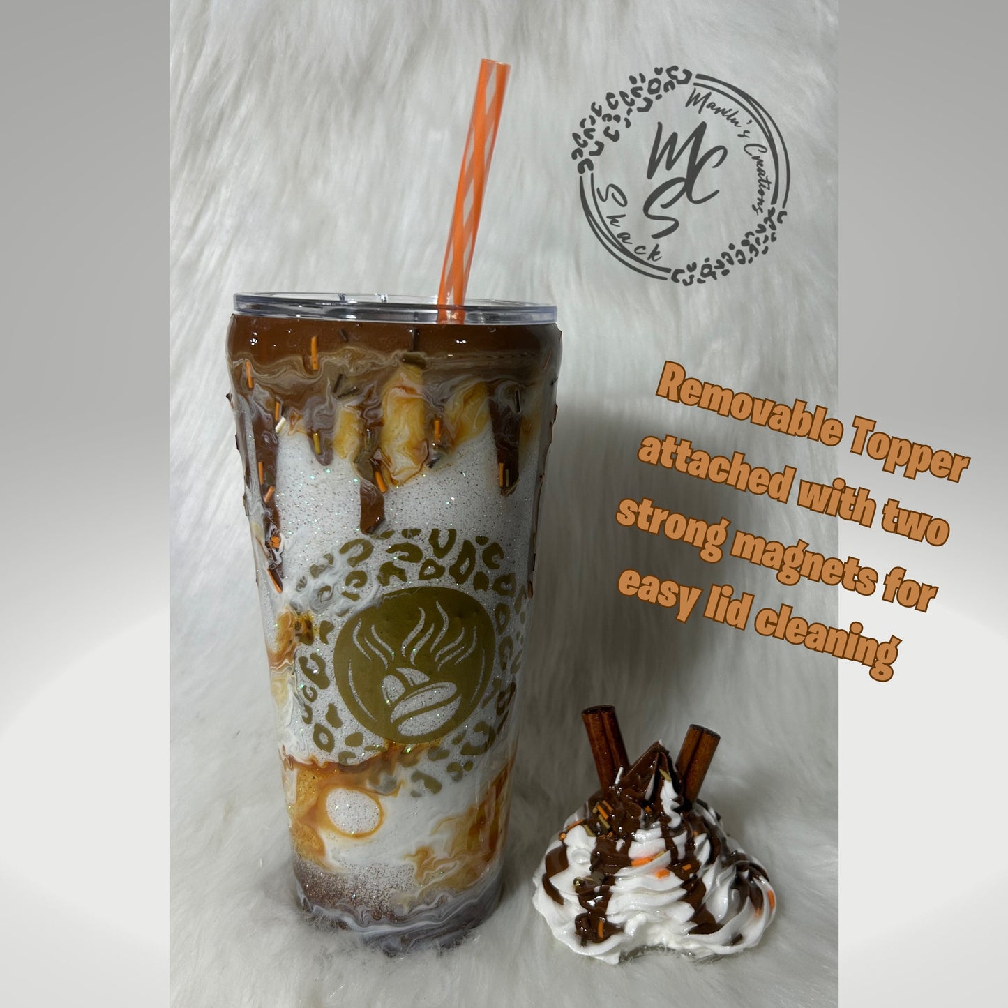 Caramel Mocha tumbler, customized personalized cup with realistic 3D whipped cream removable topper and caramel drizzle and 3d dripping.