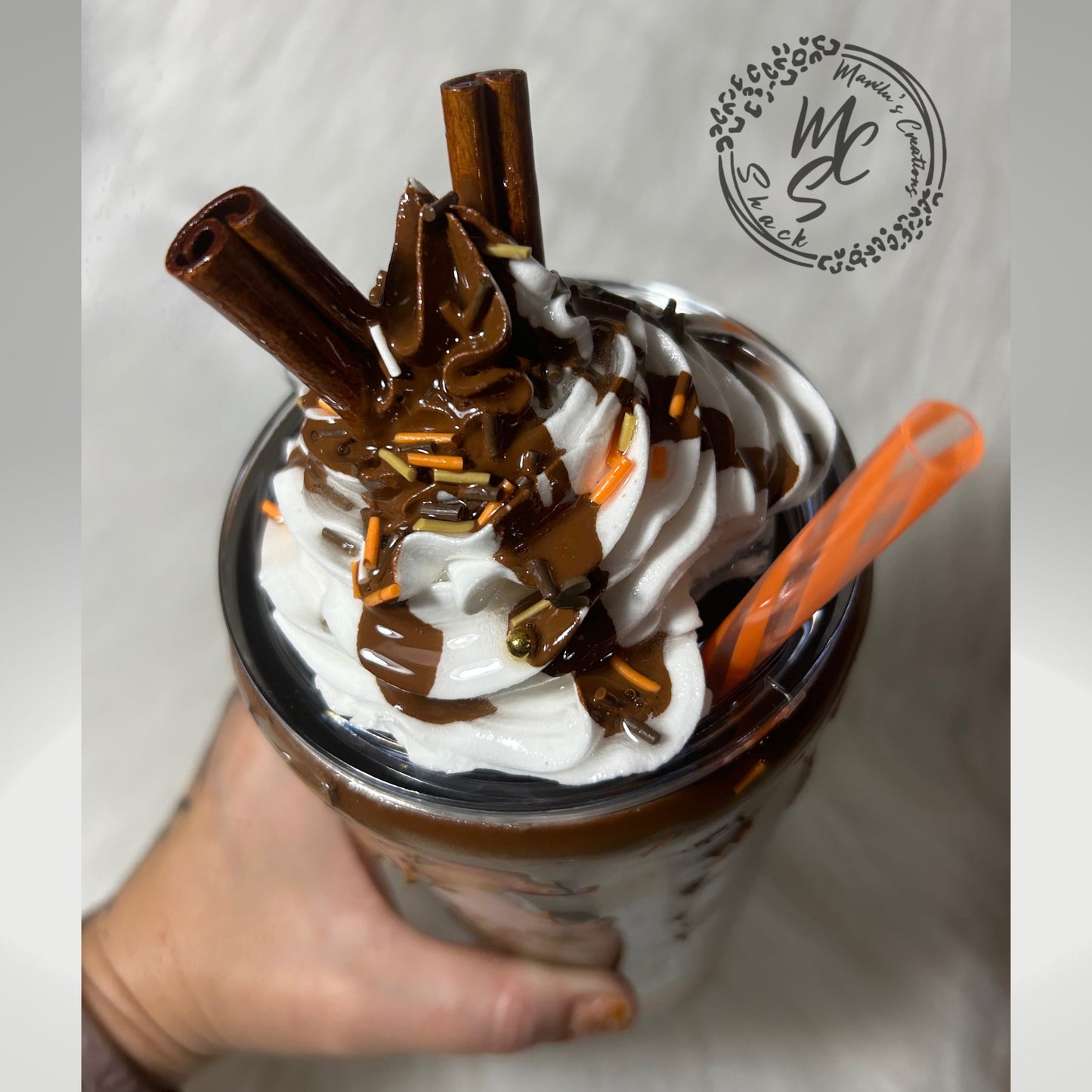 Caramel Mocha tumbler, customized personalized cup with realistic 3D whipped cream removable topper and caramel drizzle and 3d dripping.