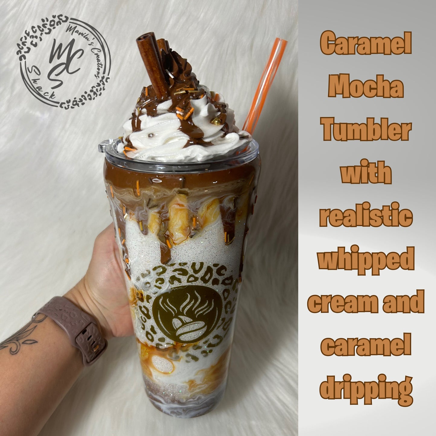 Caramel Mocha tumbler, customized personalized cup with realistic 3D whipped cream removable topper and caramel drizzle and 3d dripping.