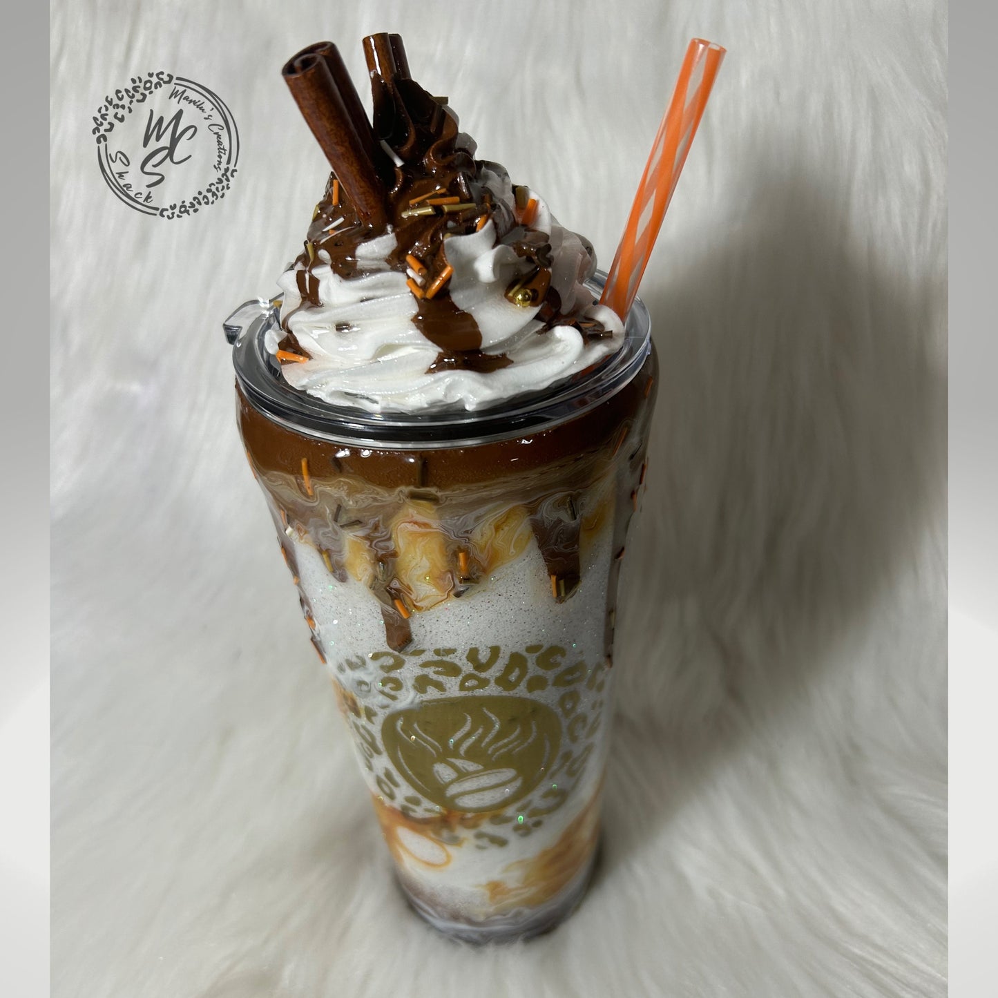 Caramel Mocha tumbler, customized personalized cup with realistic 3D whipped cream removable topper and caramel drizzle and 3d dripping.