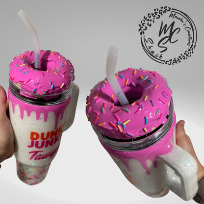 Dunkie Junkie Tumbler, 3d donut tumbler with pink dripping removable topper and sprinkles. 3d pink dripping glitter tumbler.