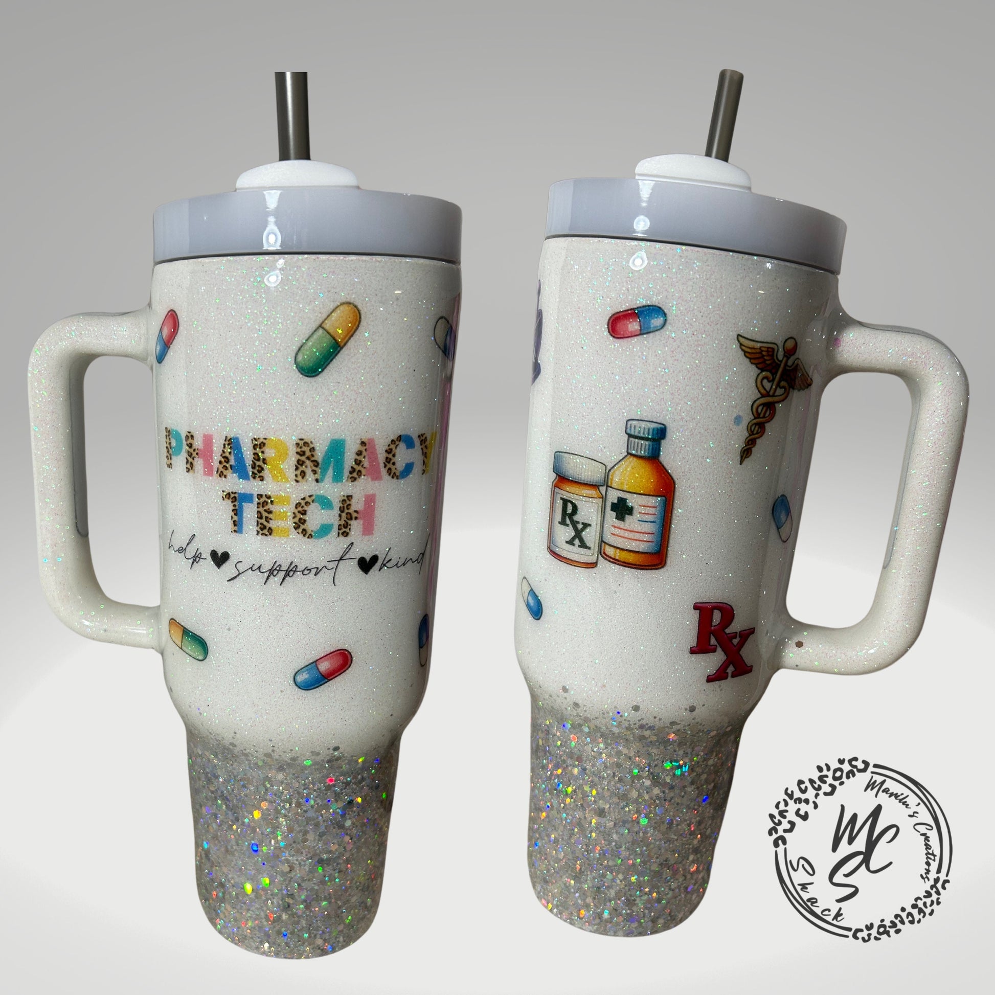 Pharmacy Tech tumbler on a white and silver glitter background , pharmacist cup, white and silver tumbler personalizeable.