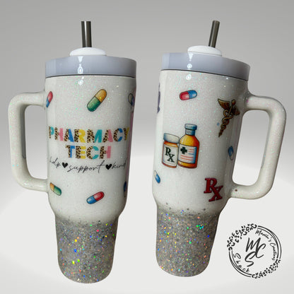 Pharmacy Tech tumbler on a white and silver glitter background , pharmacist cup, white and silver tumbler personalizeable.